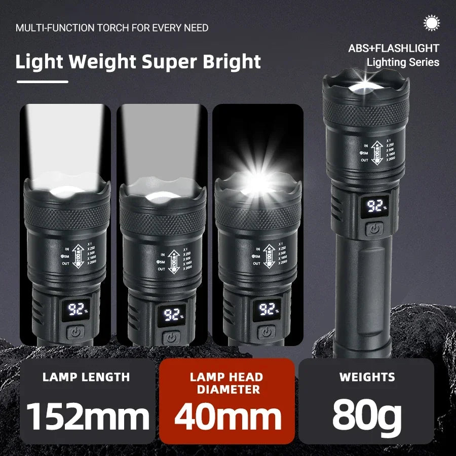 Multi-function Flashlight Adjustable Zoom Black rechargeable LED flashlight with digital battery display, USB charging port, and compact tactical design for outdoor, emergency, and everyday use