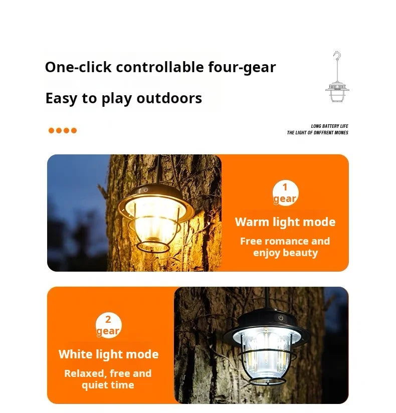 Outdoor light fixture with four modes: warm light and white light, displayed against a tree.