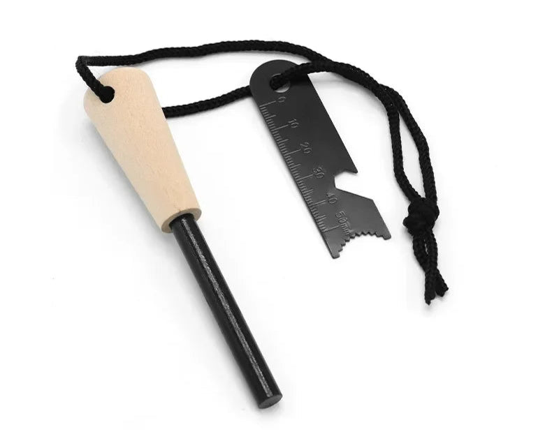 Create sparks to start a fire with ferro rod and striker. flint and steel. ruler and bottle opener Easy Fire Starting Tools