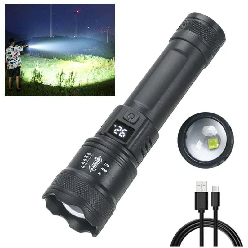 Black flashlight with digital display, additional lens, and USB cable.