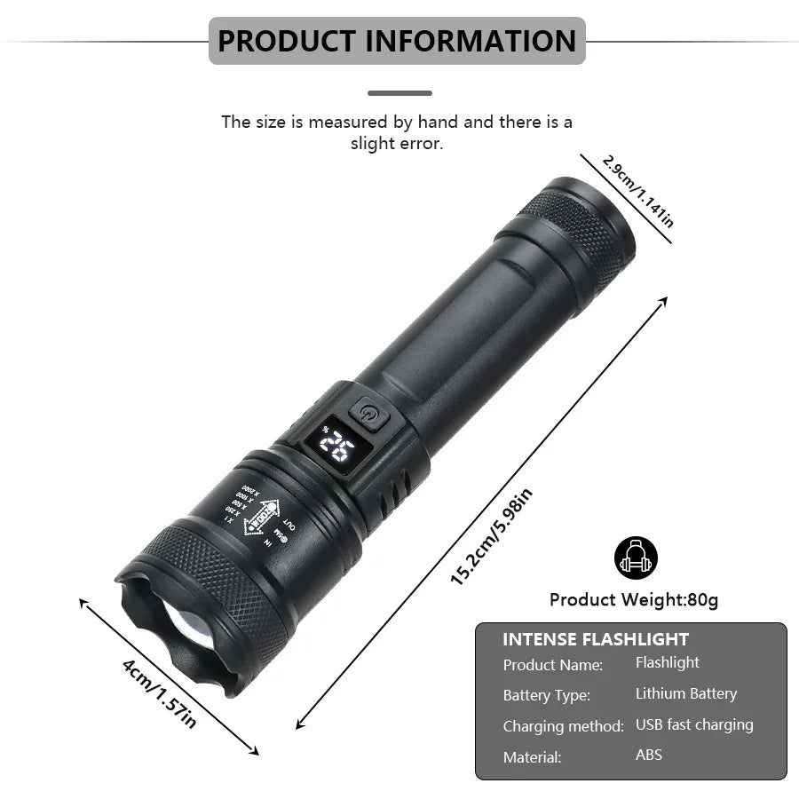 Black flashlight with measurements and product details on a white background