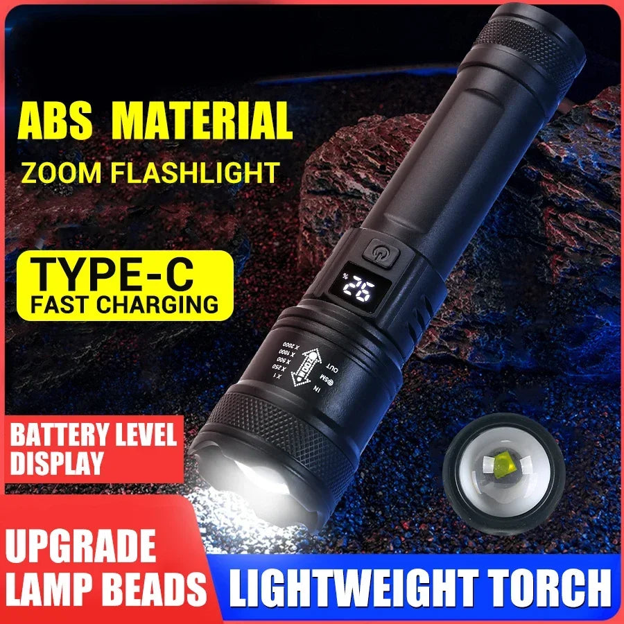 Zoom flashlight with ABS material, Type-C fast charging, battery level display, and upgrade lamp beads.