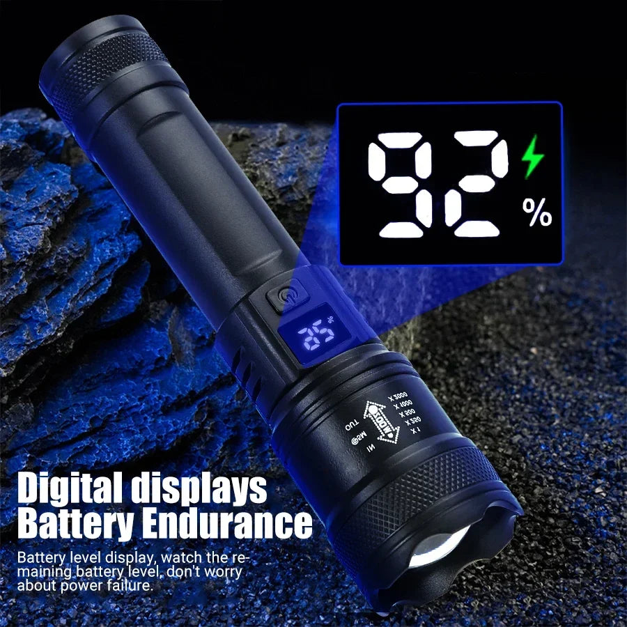Black rechargeable LED flashlight with digital battery display, USB charging port, and compact tactical design for outdoor, emergency, and everyday use