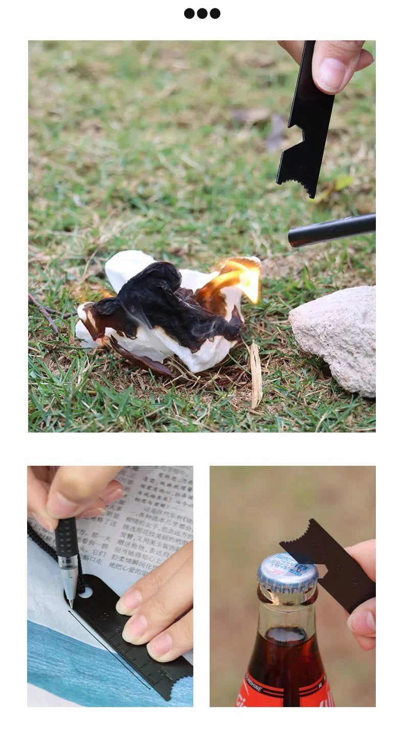 Create sparks to start a fire with ferro rod and striker. flint and steel. ruler and bottle opener