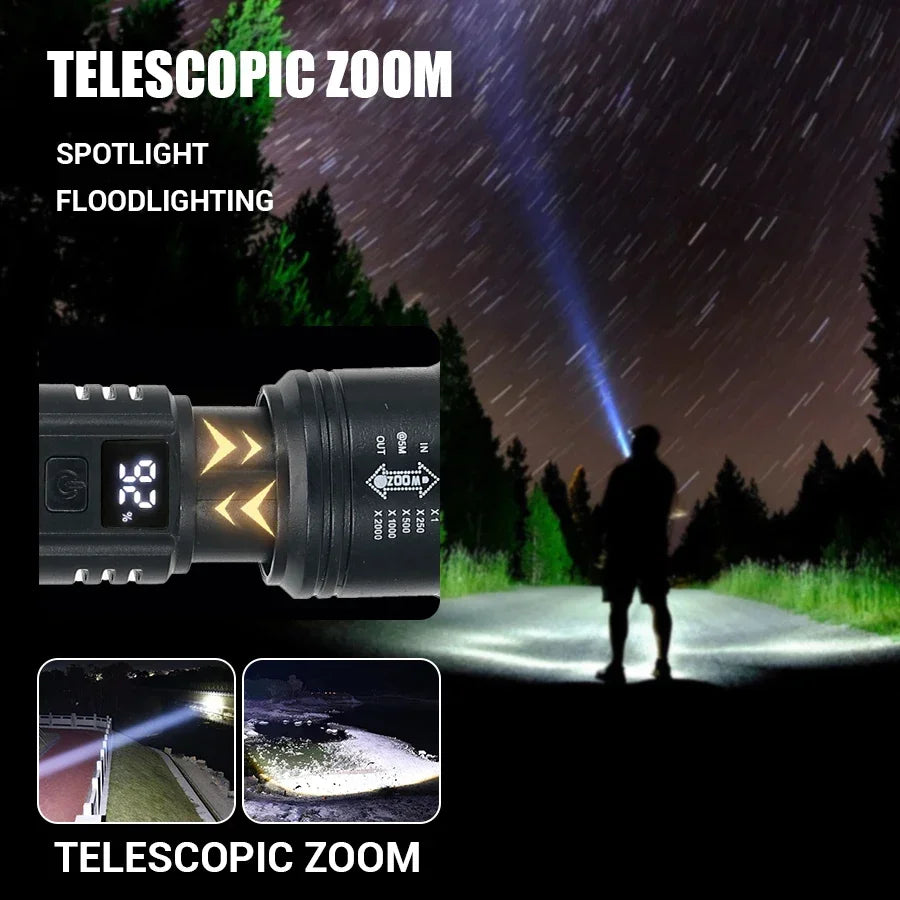 Telescopic zoom flashlight with spotlight and floodlight capabilities, used in a night-time outdoor setting.