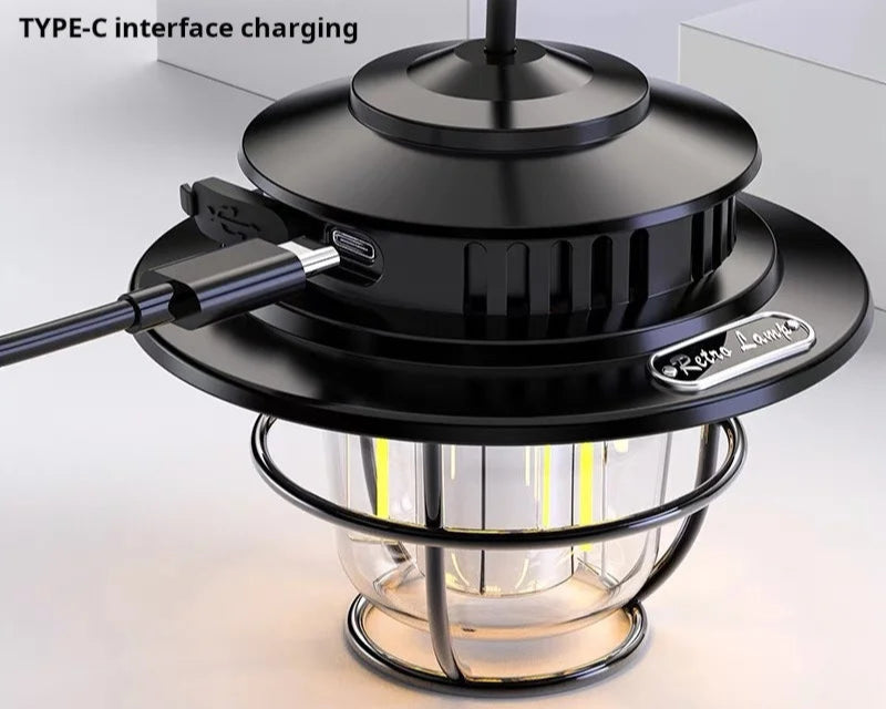 Black camping lantern with USB cable and text about rechargeable battery and TYPE-C interface charging.