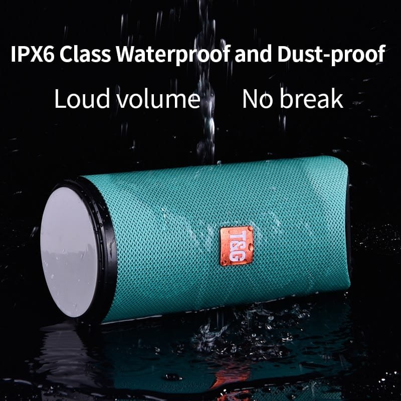Teal portable speaker with water droplets on a black background, featuring text about waterproof and dust-proof properties. Black and blue portable waterproof speakers loud for boating camping hiking and outdoor parties.